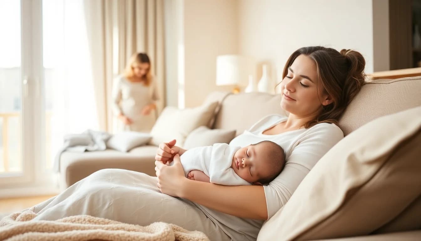 New mom resting on couch with sleeping newborn while postpartum doula tidies nearby room