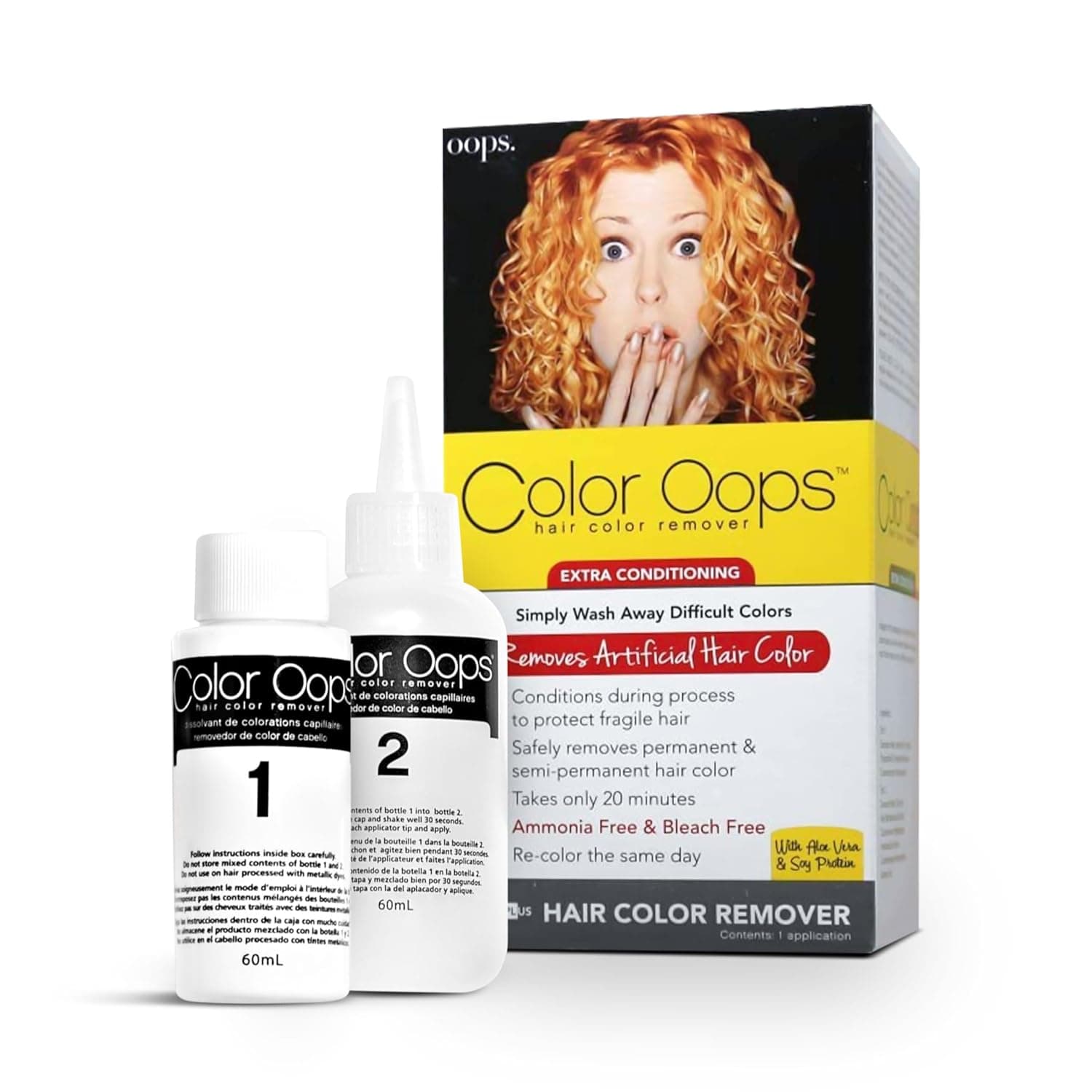 Color Oops hair color remover bottles with before and after hair transformation