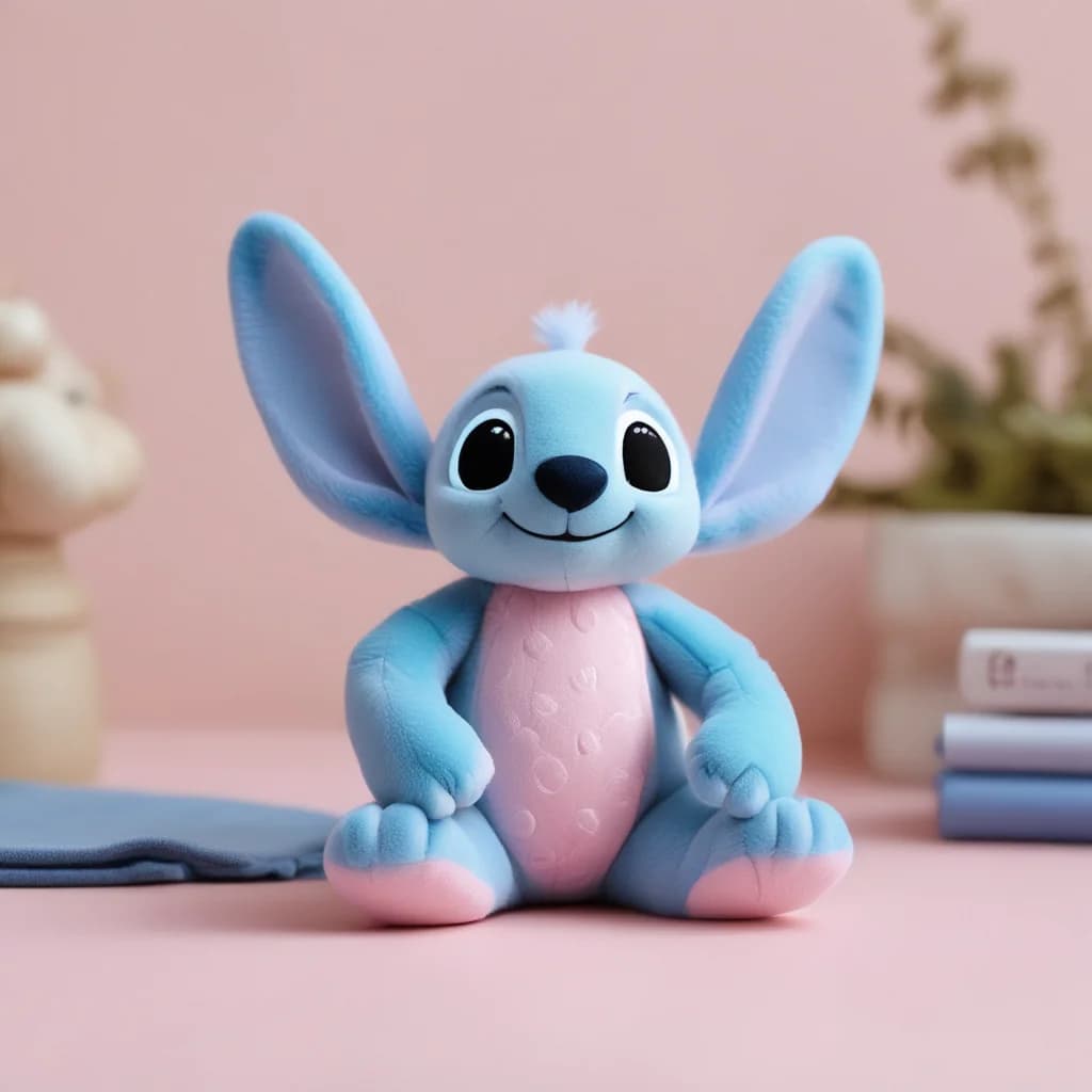 Blue Stitch-themed Labubu plush displayed on soft pastel background
