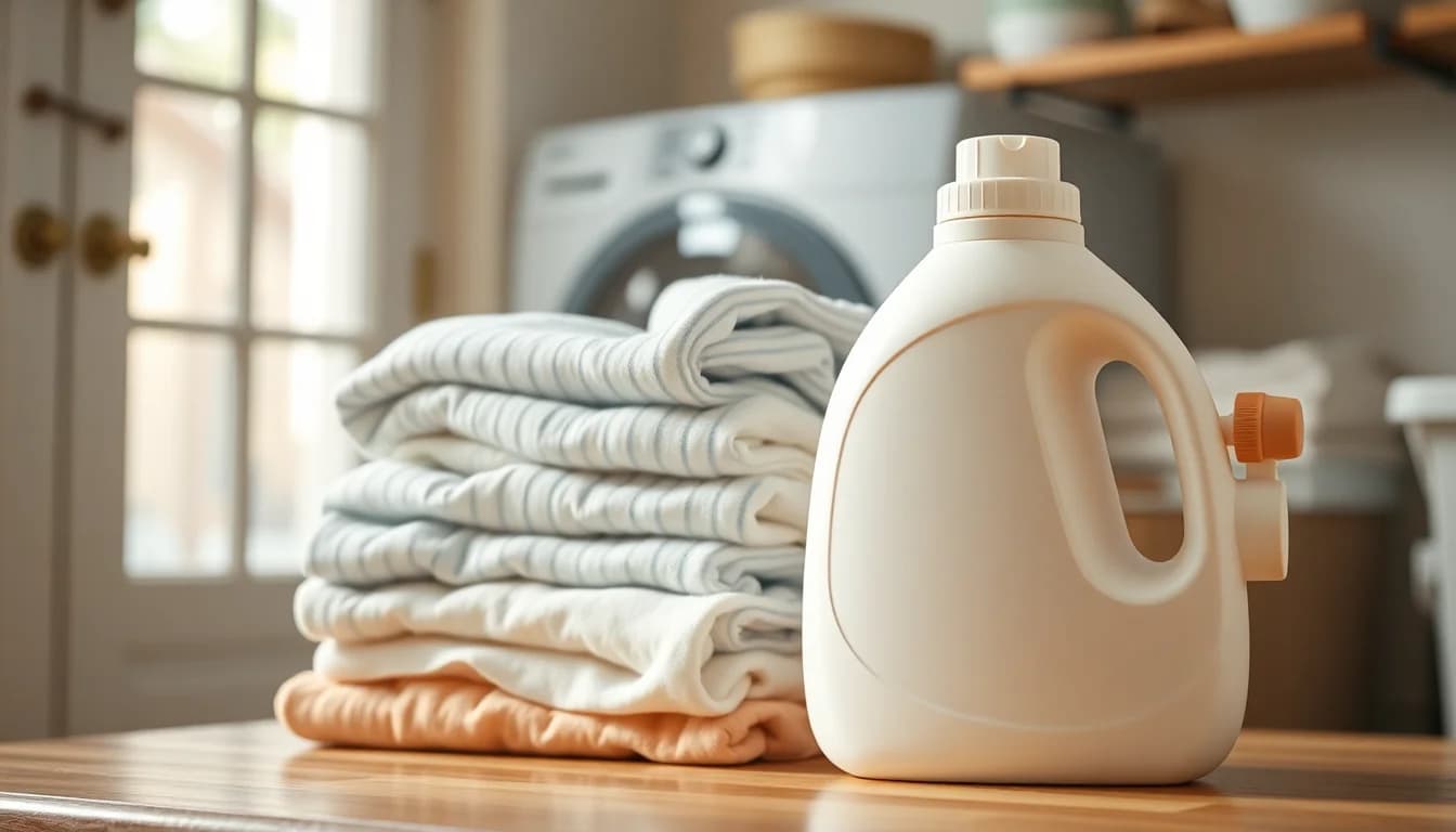 Fragrance-free baby laundry detergent beside folded baby clothes in a cozy laundry room