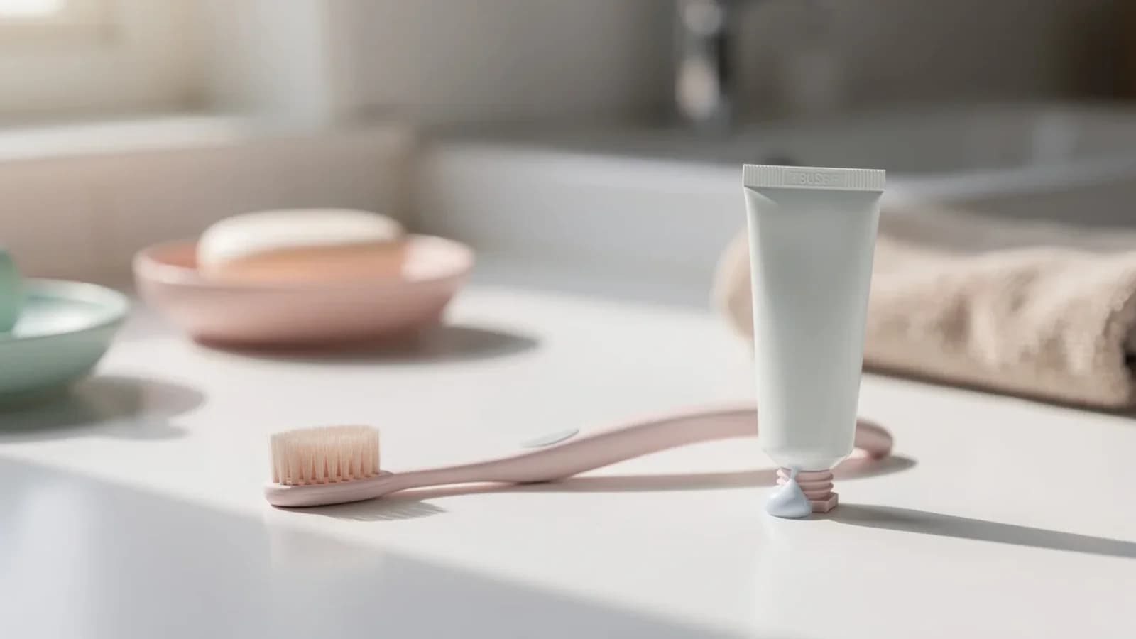 An extra-soft baby toothbrush beside a small tube of training toothpaste on a bathroom counter