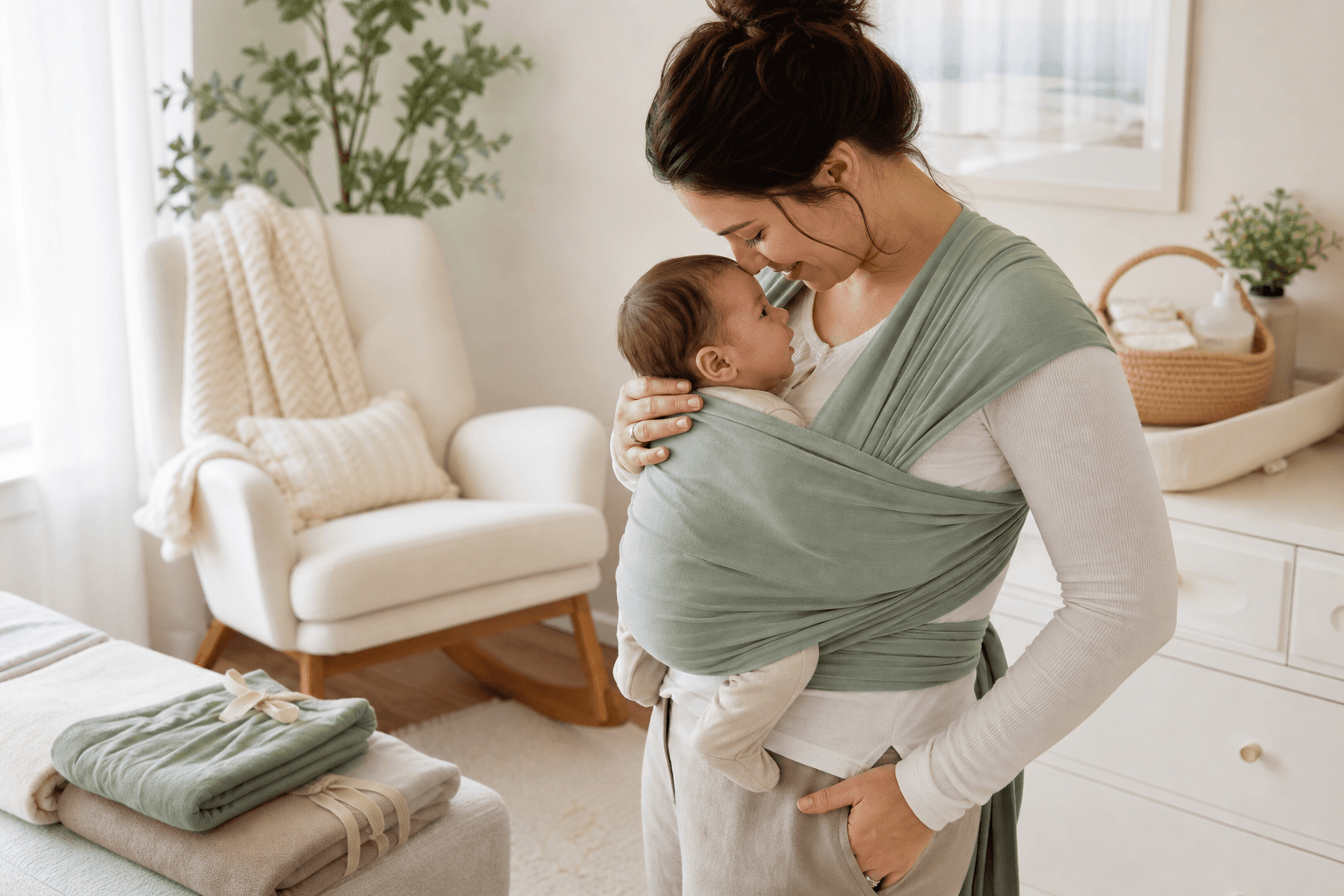 A parent safely wearing a newborn in a soft sage green baby carrier wrap in a calm nursery.