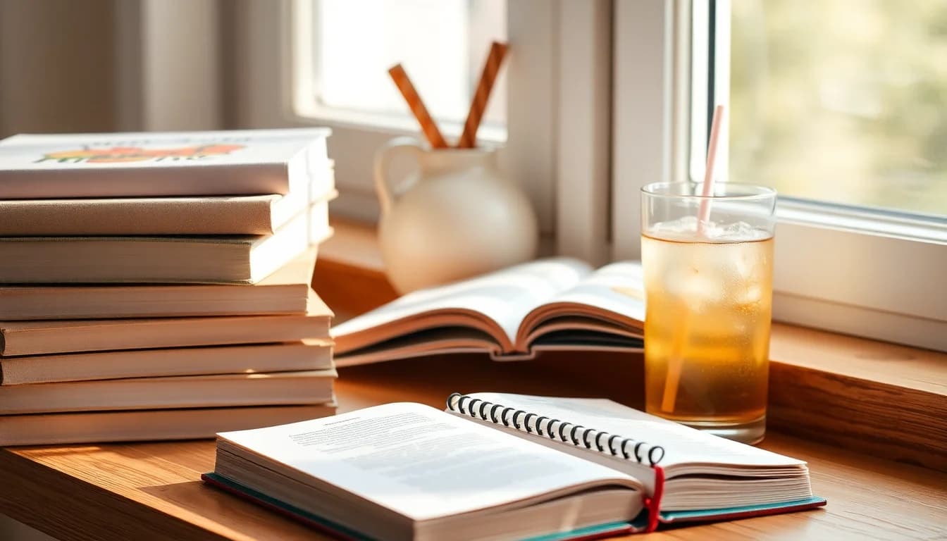 Stack of colorful middle grade books on a sunny window seat with a bookmark and iced drink