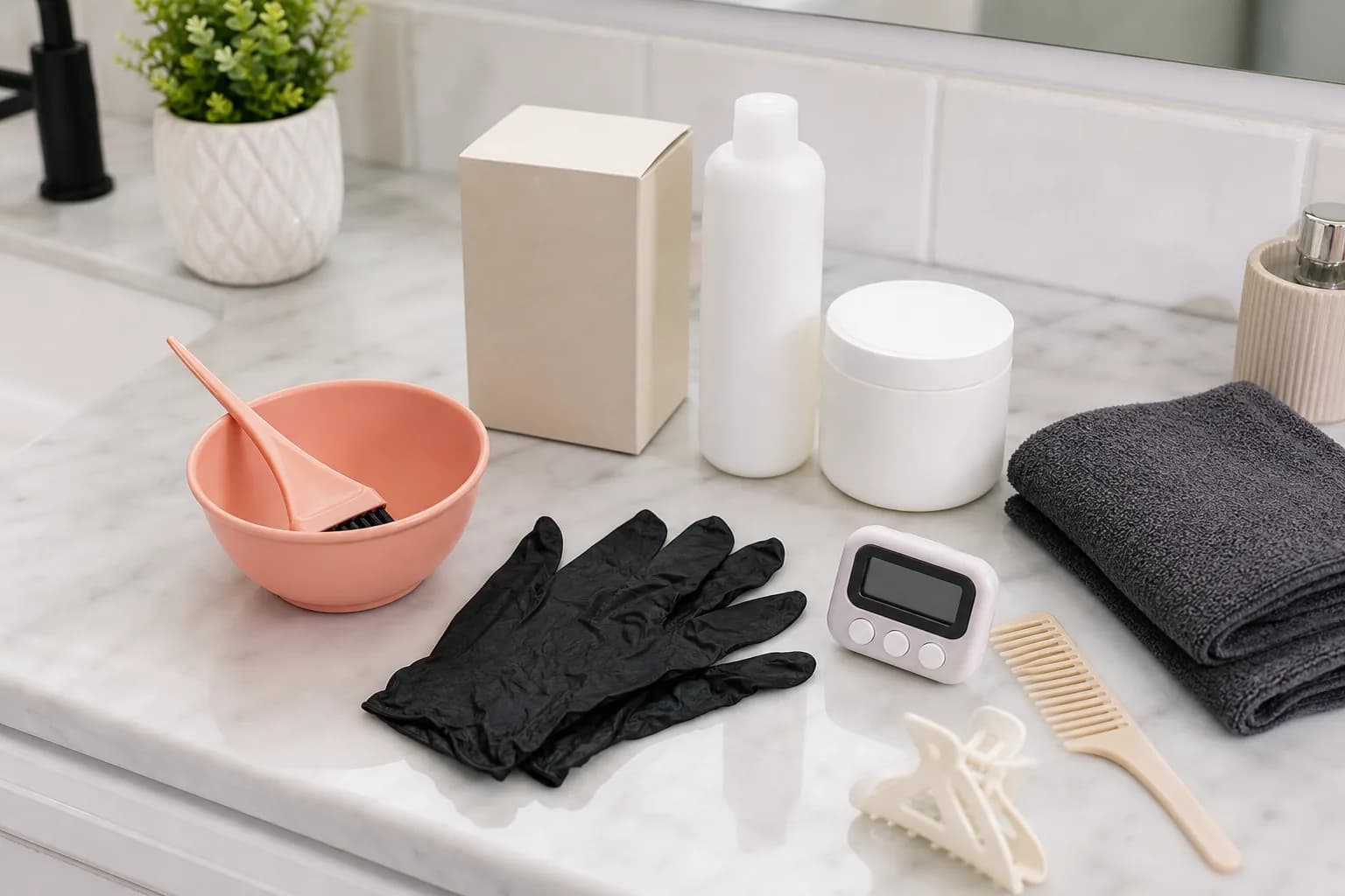 Hair color remover supplies with gloves, mixing bowl, tint brush, towel, and bottles on a bathroom counter.