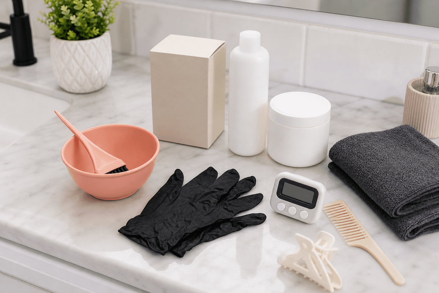 Hair color remover supplies with gloves, mixing bowl, tint brush, towel, and bottles on a bathroom counter.