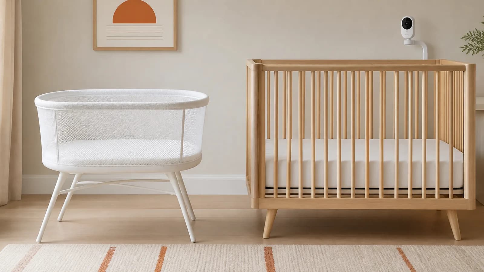 Empty white mesh smart bassinet in a quiet nursery prepared for a crib transition