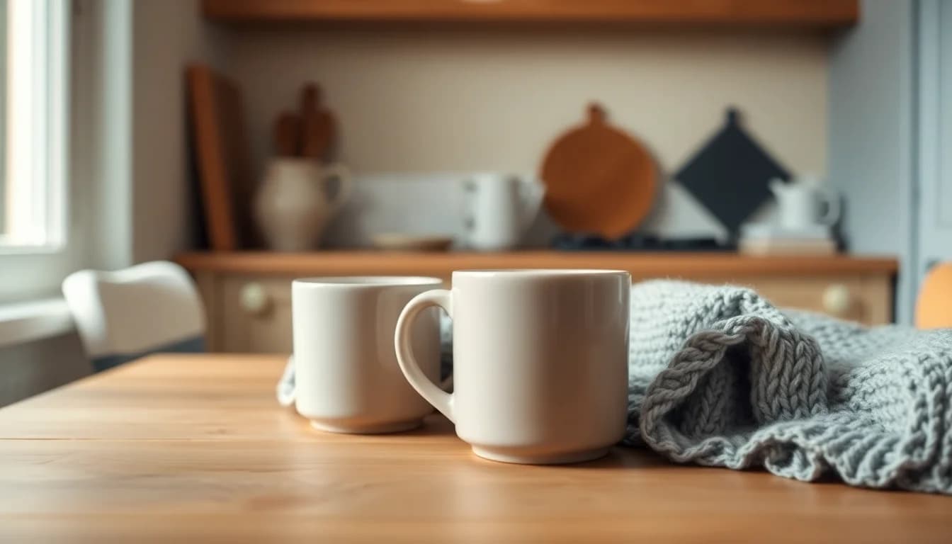 Cozy living room scene with a coffee mug and an open notebook on a wood table with morning sunlight