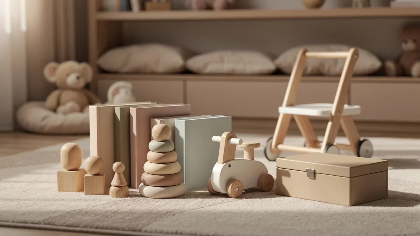 First birthday gift ideas arranged on a soft playroom rug, including wooden toys, books, a push walker, and a personalized keepsake