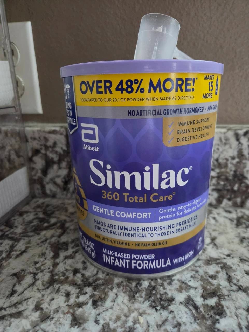 Our Similac 360 Total Care Gentle Comfort powder can with a purple lid and the full product name visible
