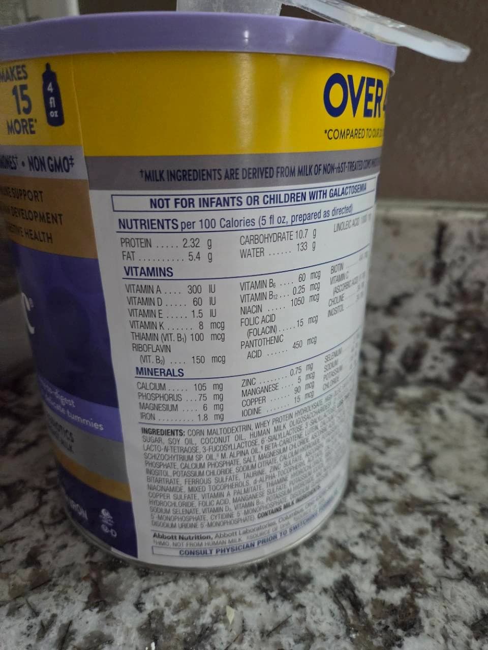 Nutrition panel, ingredient list and printed warnings on our Similac 360 Total Care Gentle Comfort can