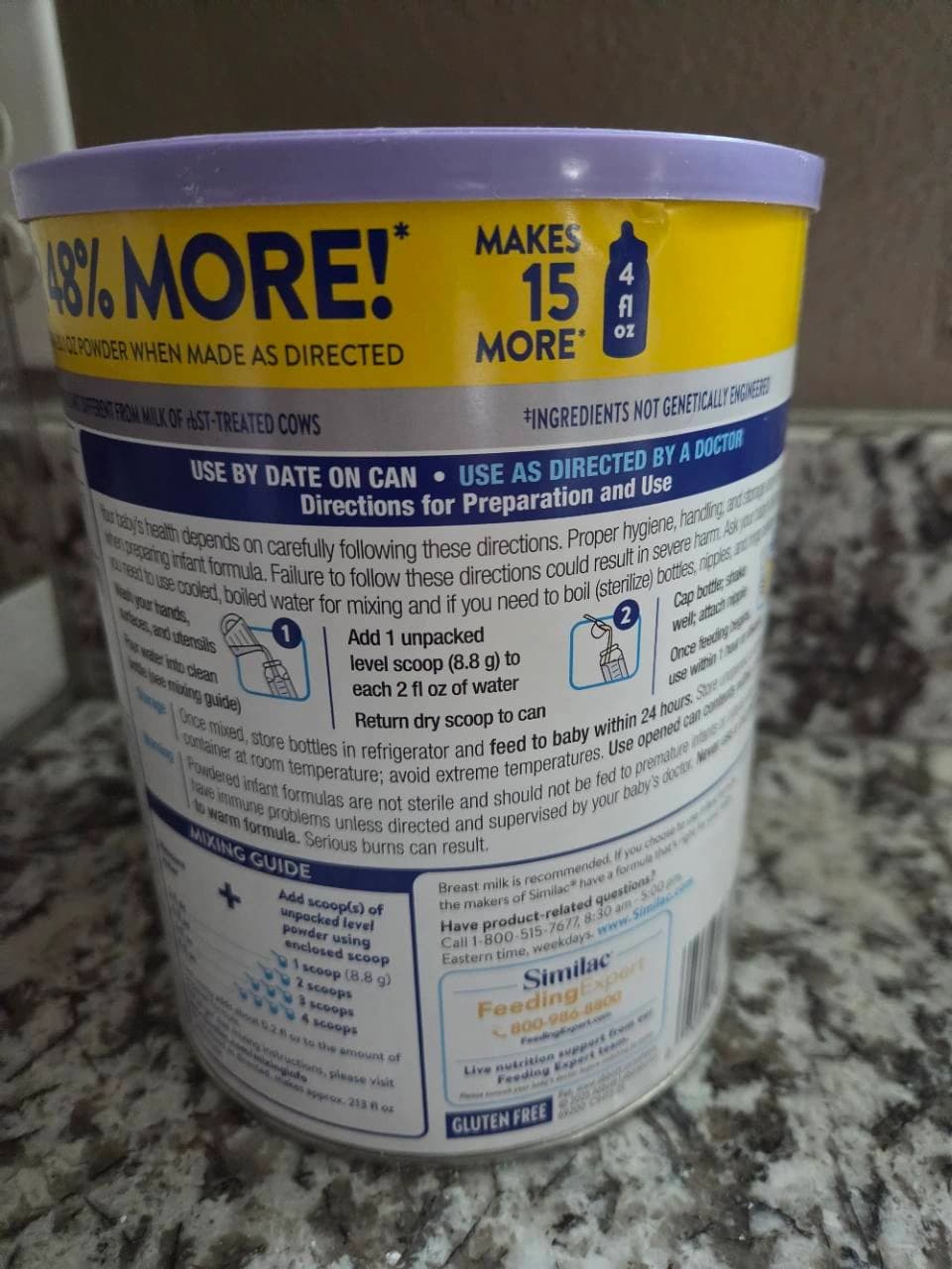 Preparation directions and mixing guide printed on the back of our Similac Gentle Comfort powder can