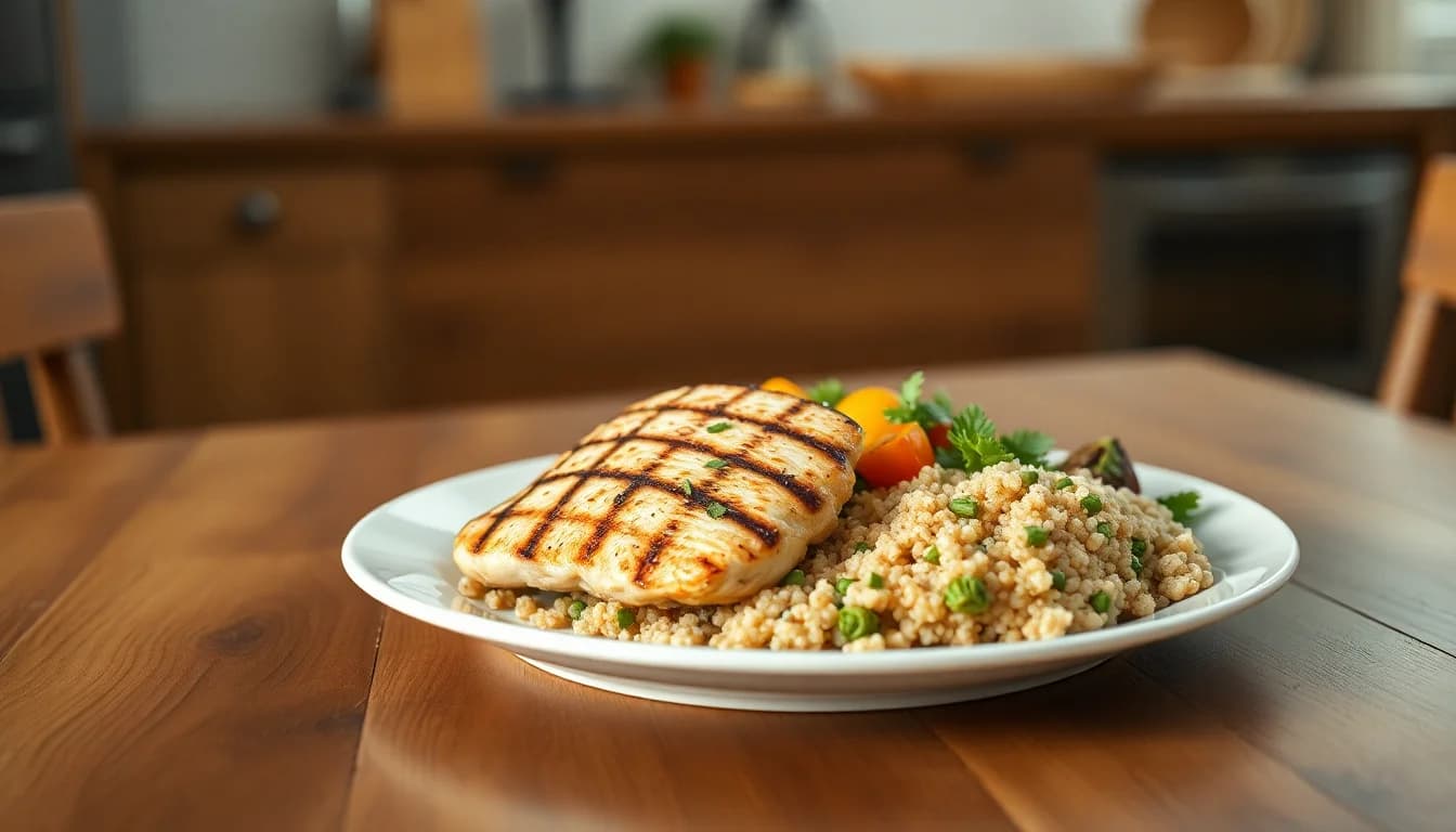 A family-style high-protein dinner with chicken and vegetables