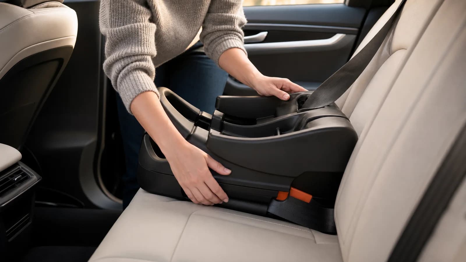 Adult hands checking an unbranded infant car seat base on a vehicle rear seat