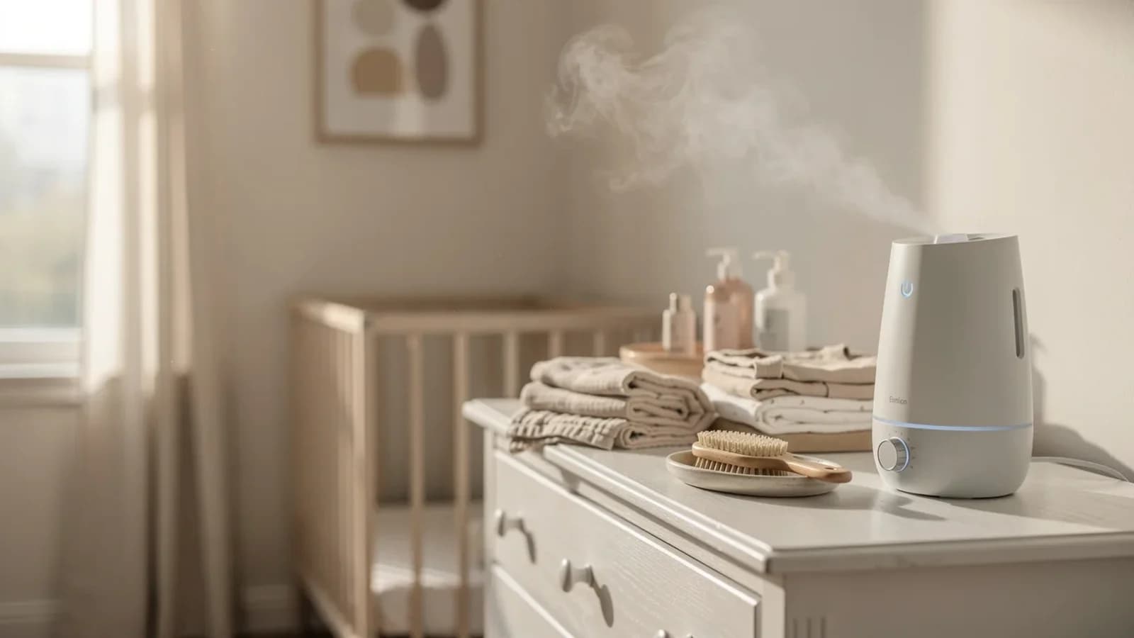 Cool mist humidifier on a nursery dresser beside baby essentials