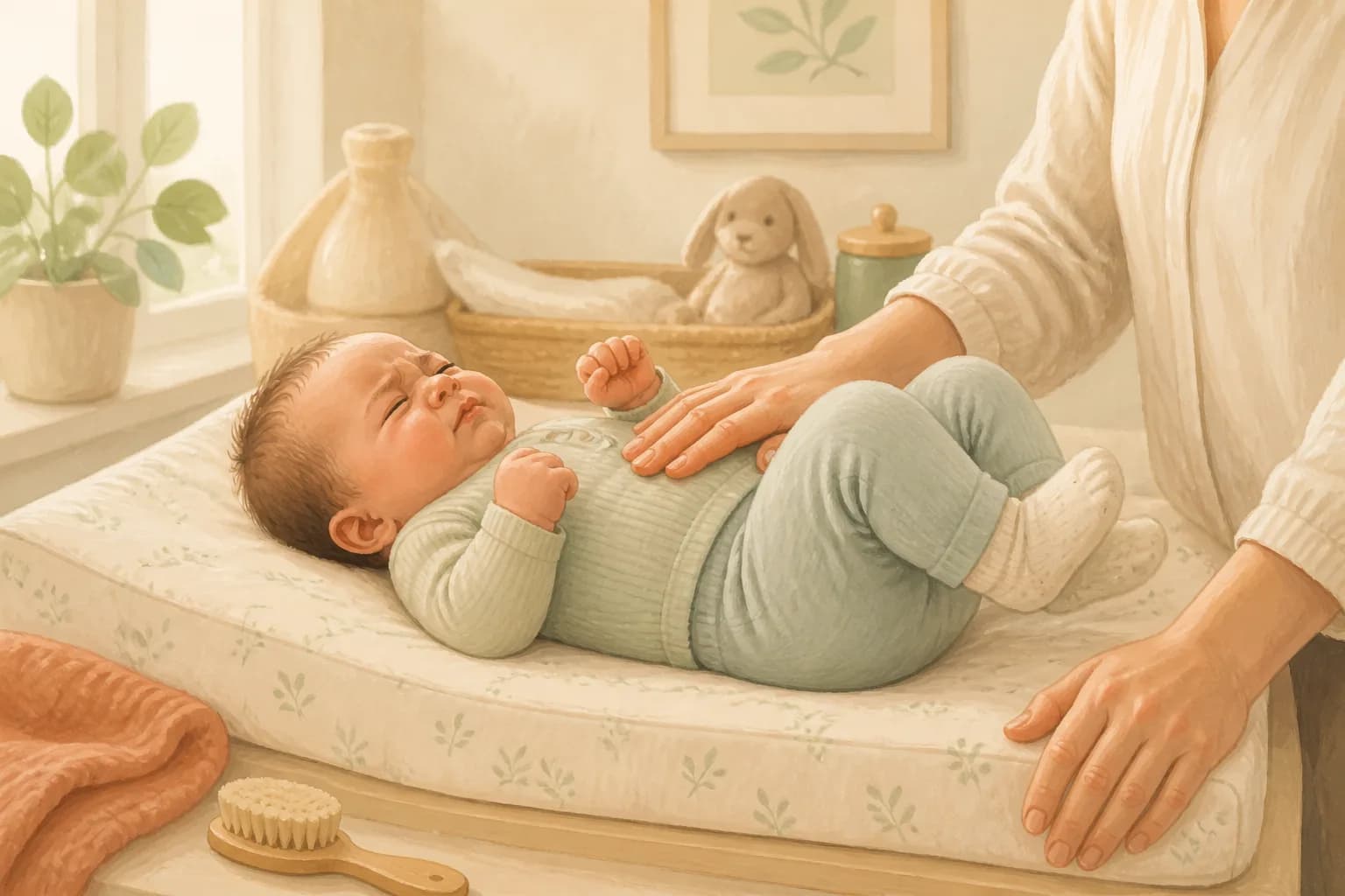 Clothed baby briefly straining on a changing pad while a caregiver offers a reassuring hand