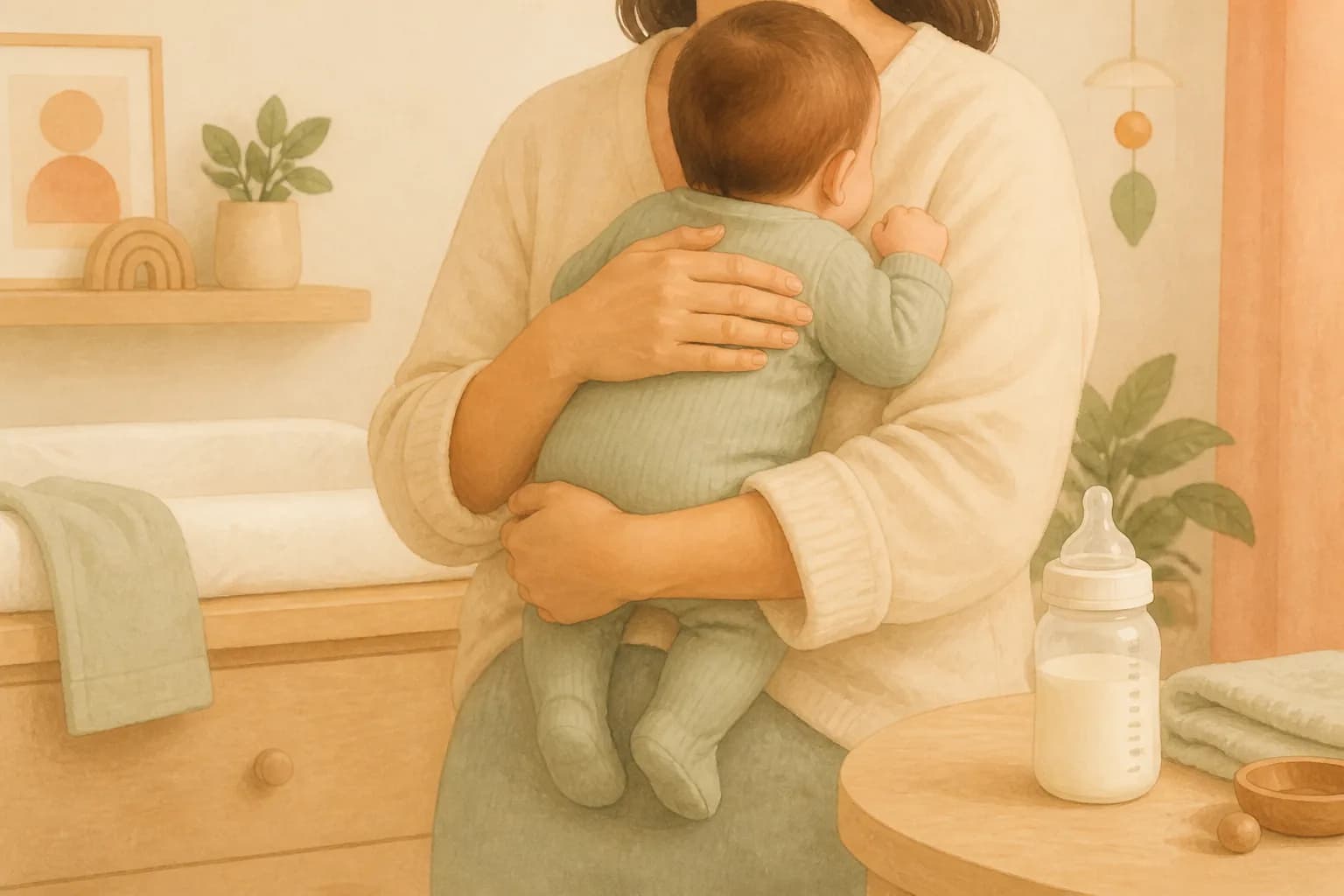 Caregiver calmly holding a clothed baby upright in a warm nursery beside a prepared bottle