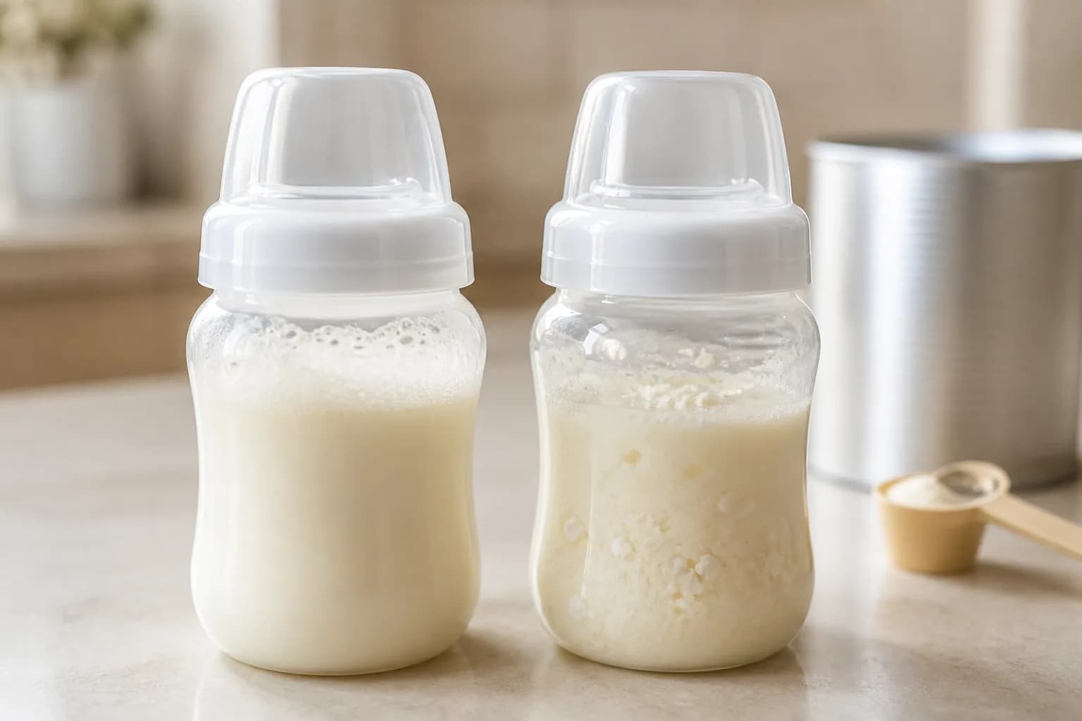 Two unbranded prepared formula bottles showing surface foam and visible unmixed powder clumps