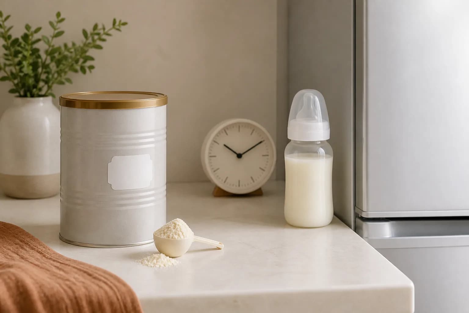 Unbranded formula tin with a blank date sticker, prepared bottle, clock and refrigerator