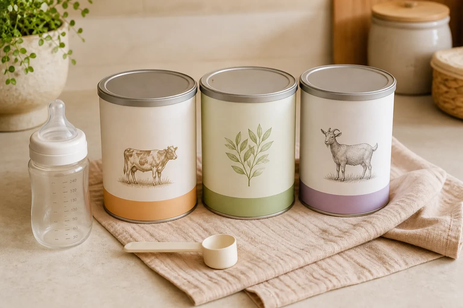 Three unbranded infant formula tins representing classic dairy, organic dairy and goat milk formula