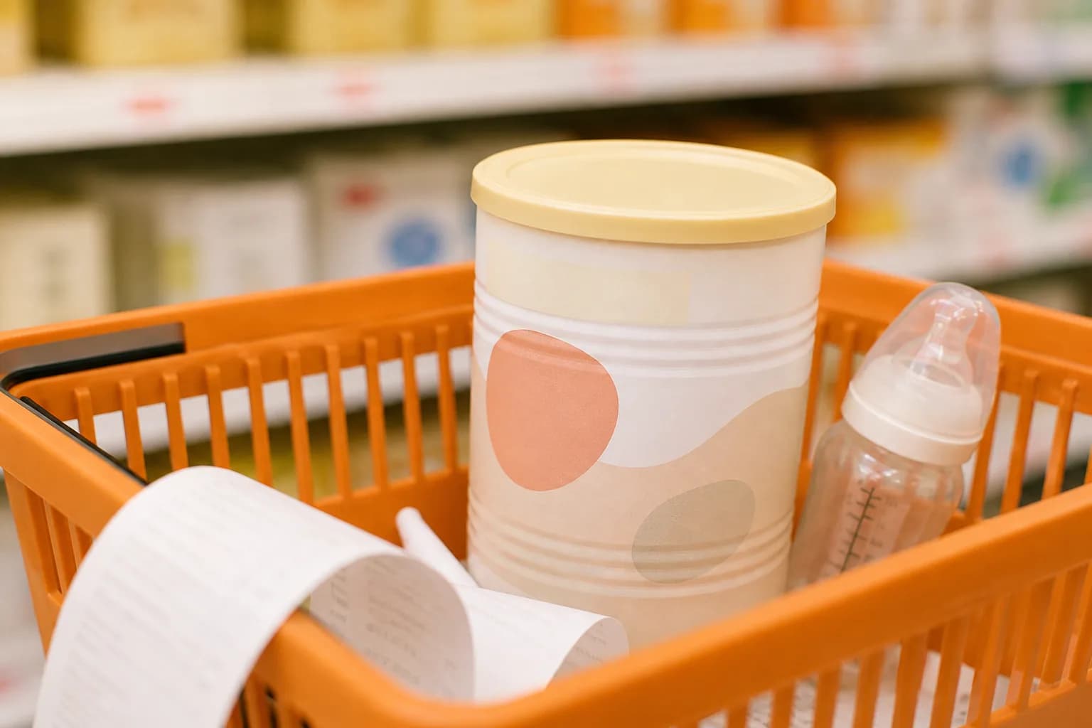 Unbranded store-brand infant formula tin and clean bottle in a grocery shopping basket