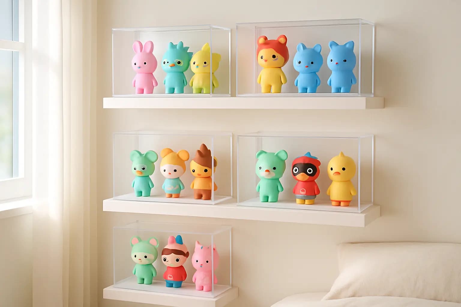 Colorful Labubu collectible figures displayed on shelves with storage boxes