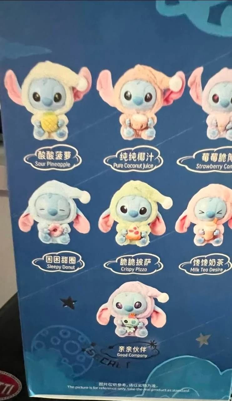 MINISO Stitch box lineup showing seven pajama and snack designs