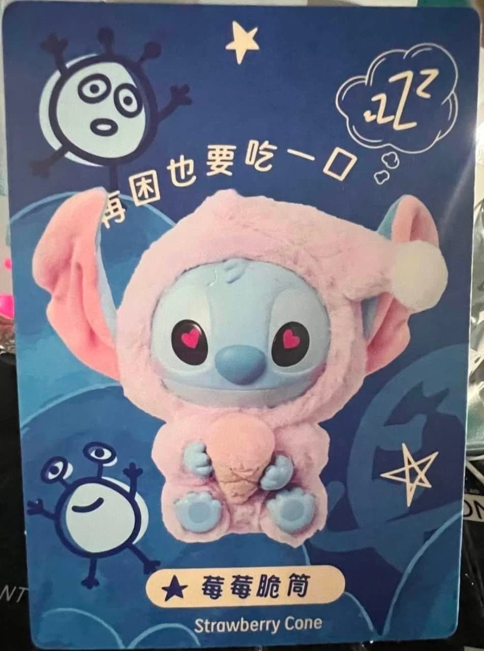 Strawberry Cone design card showing Stitch in pink pajamas holding an ice cream cone