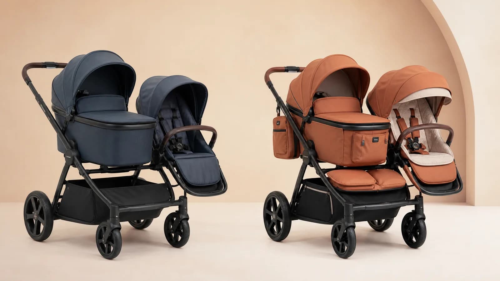 Two unbranded modular strollers from the same design family displayed side by side