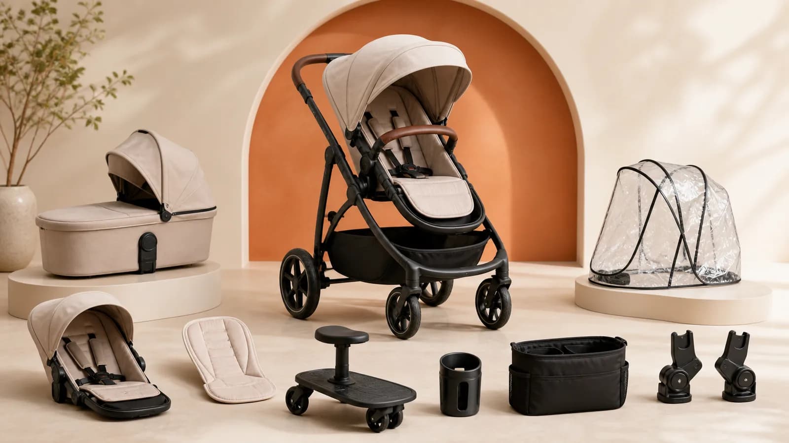 Unbranded modular stroller displayed with a bassinet, second seat, insert, riding board and organizers