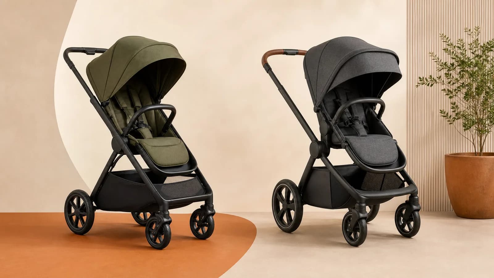 Two unbranded full-size strollers shown from different angles for a folding guide