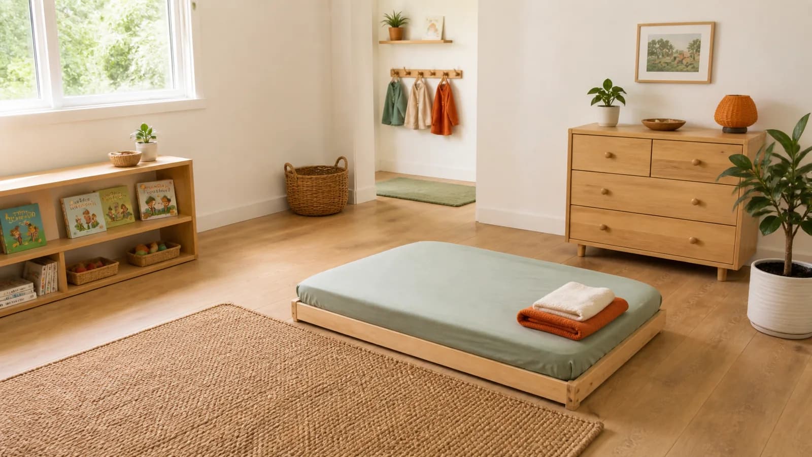 Low natural wood Montessori floor bed in a warm childproofed toddler room