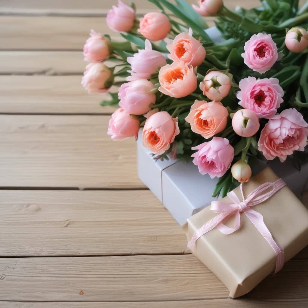 Warm spring flowers and wrapped gift on a wooden table