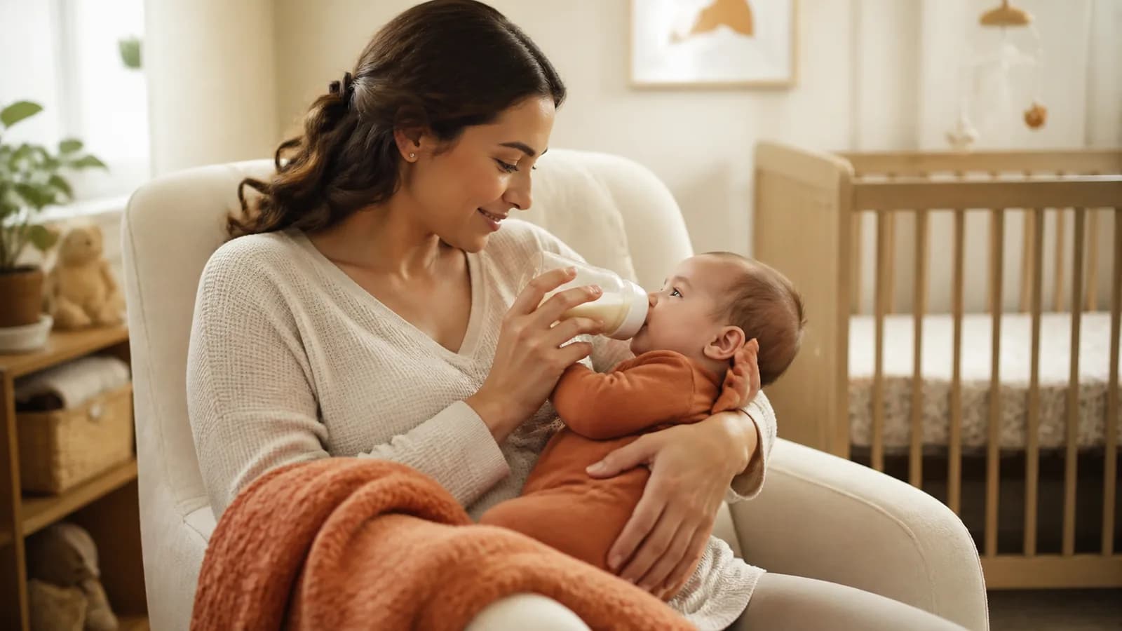 Caregiver actively holding a bottle nearly horizontal while supporting an infant in a semi-upright position
