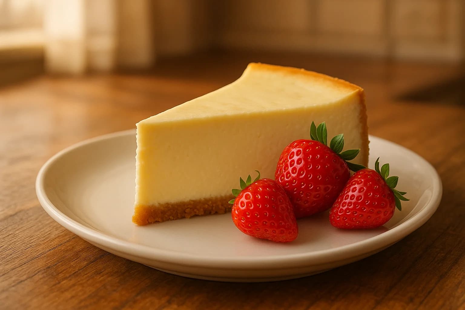 Slice of creamy Philadelphia-style cheesecake on a white plate with fresh strawberries