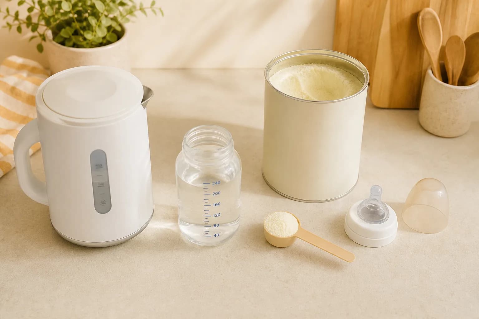 Unbranded formula tin, level scoop, kettle and measured water arranged for safe bottle preparation