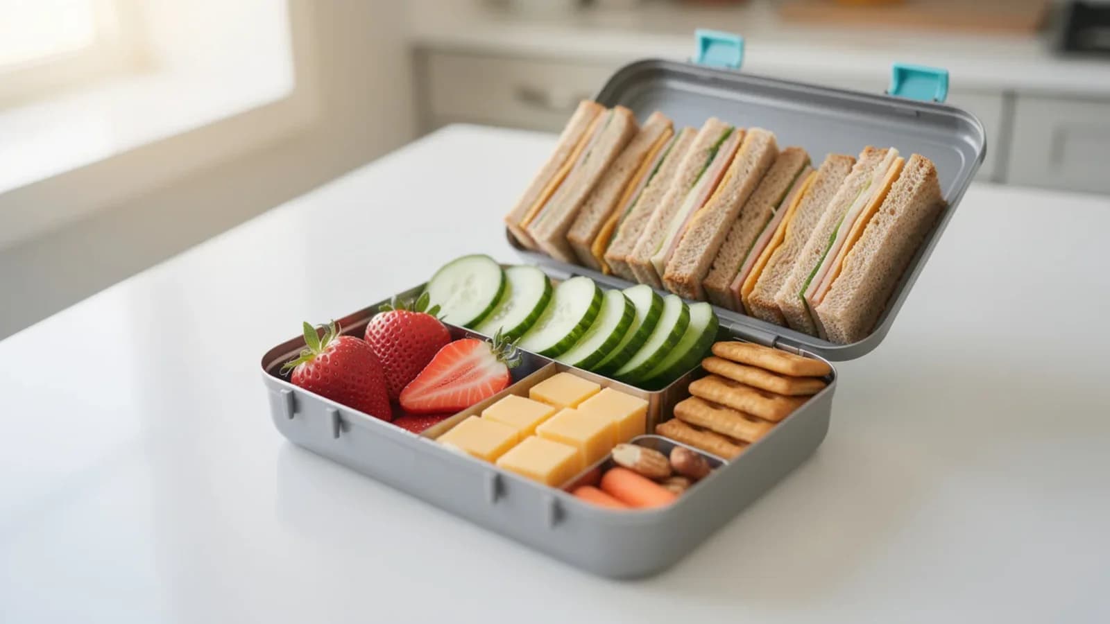 A colorful packed school lunch with a sandwich, fruit, veggies, and snacks arranged in a kid-friendly lunchbox.