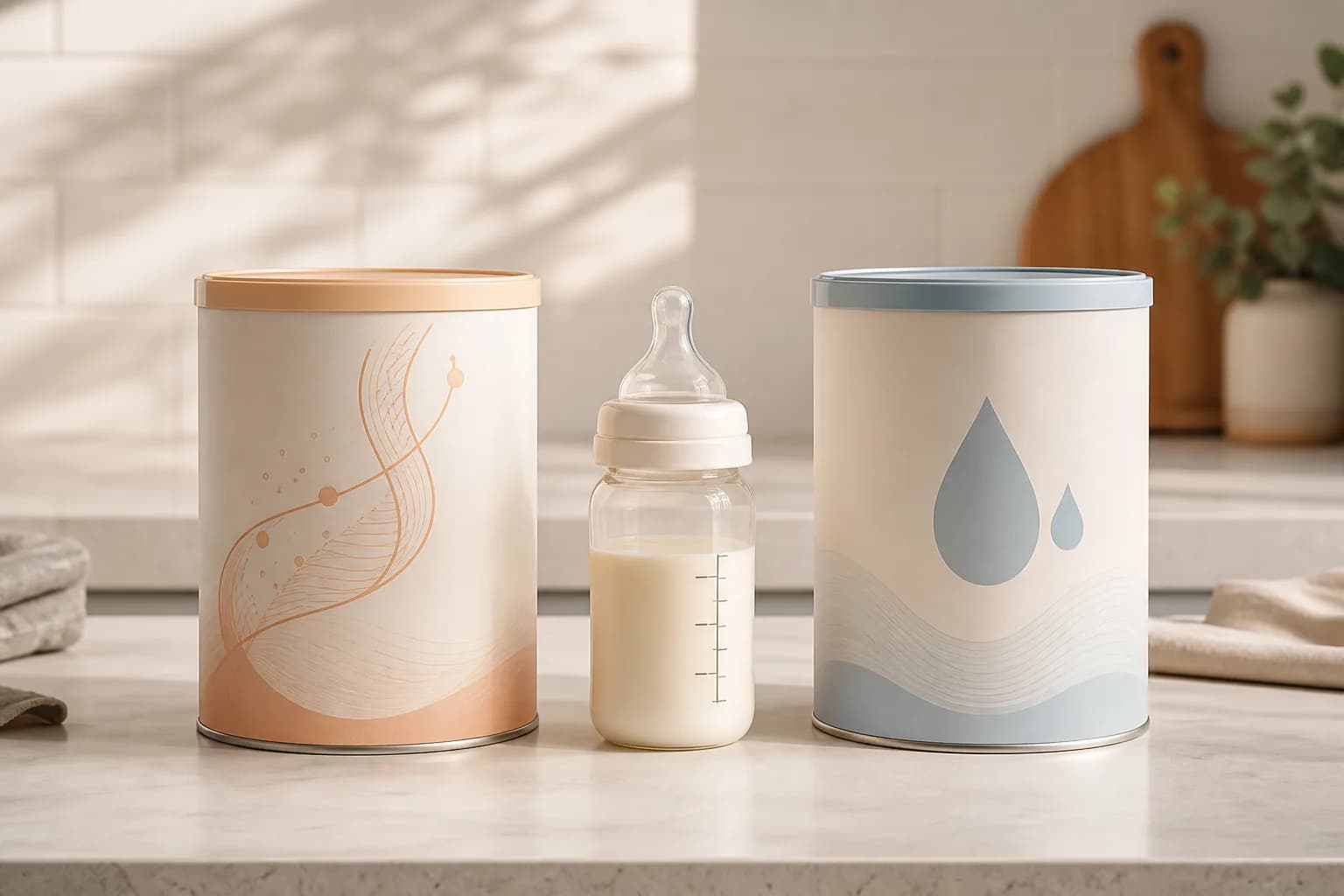 Two unbranded infant formula tins representing partially hydrolyzed protein and reduced-lactose approaches