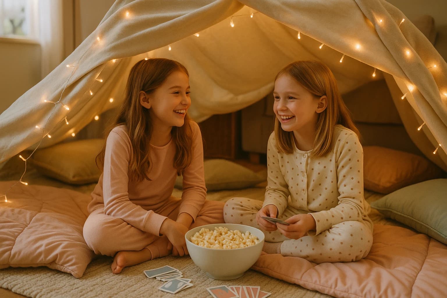 Two girls in pajamas playing cards inside a cozy blanket fort with string lights and popcorn