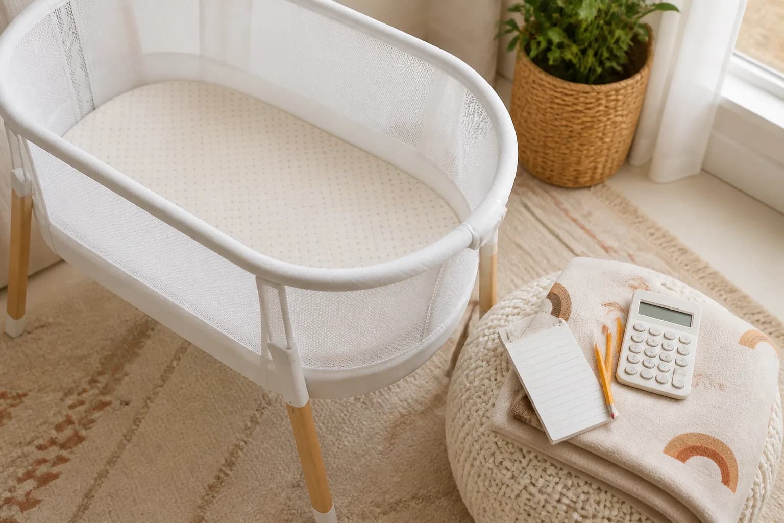 White mesh bassinet beside a calculator and blank notepad in a warm cream nursery