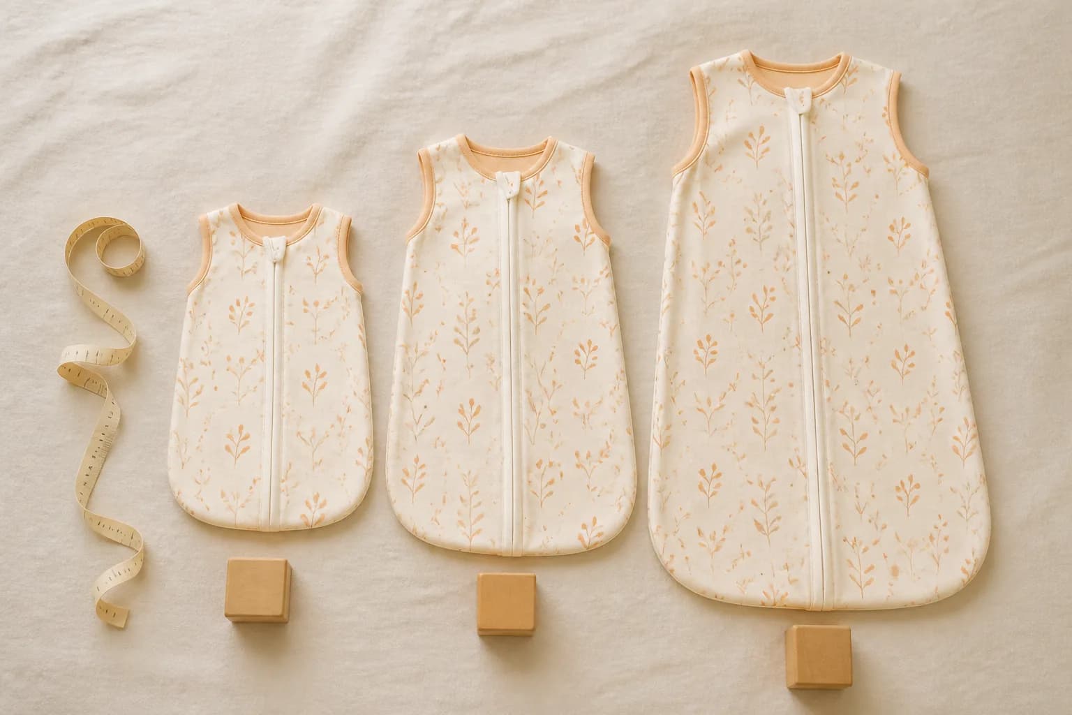 Three cream zippered baby sleep sacks arranged from small to large beside a measuring tape