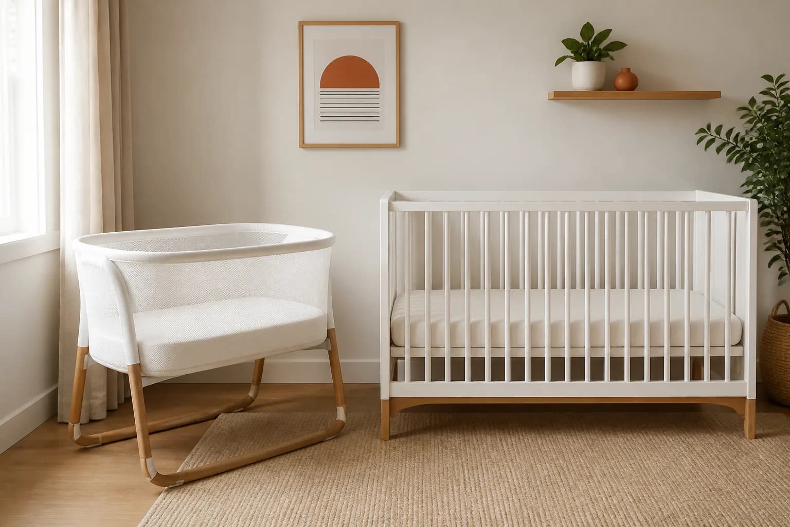 Empty white mesh bassinet beside an empty white crib in a calm cream nursery