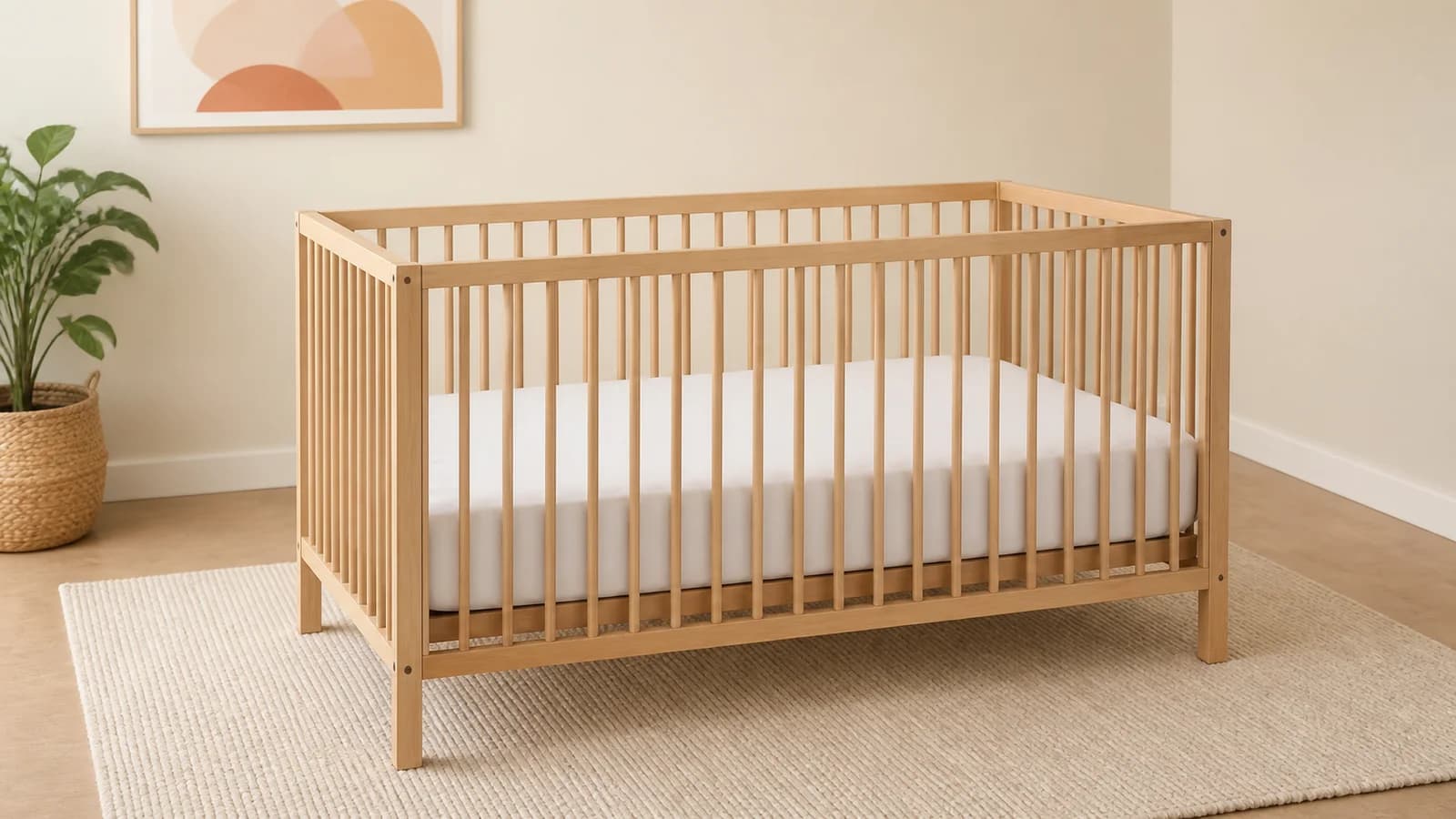 Empty safety-compliant crib with a snug fitted mattress and no loose bedding