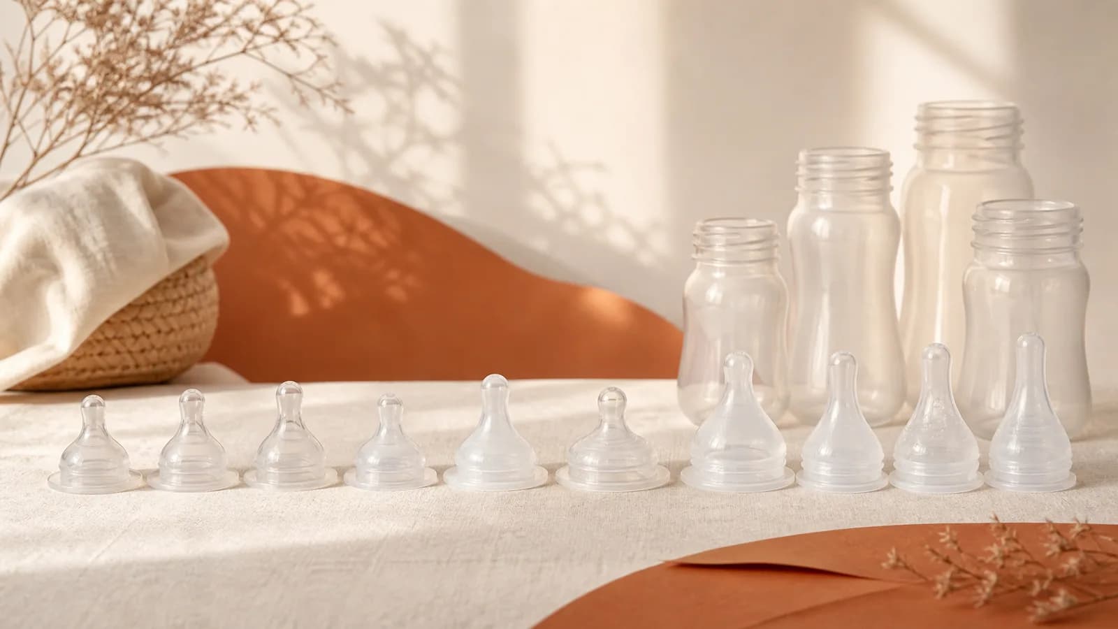 Lineup of unbranded silicone baby bottle nipples in different shapes and sizes on a cream surface