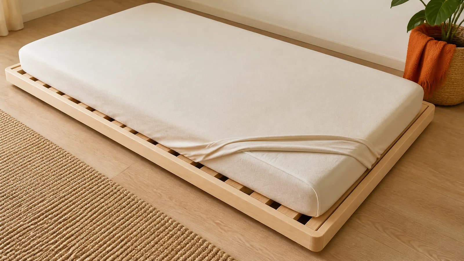 Low child mattress on a slatted floor-bed base in a bright cream bedroom