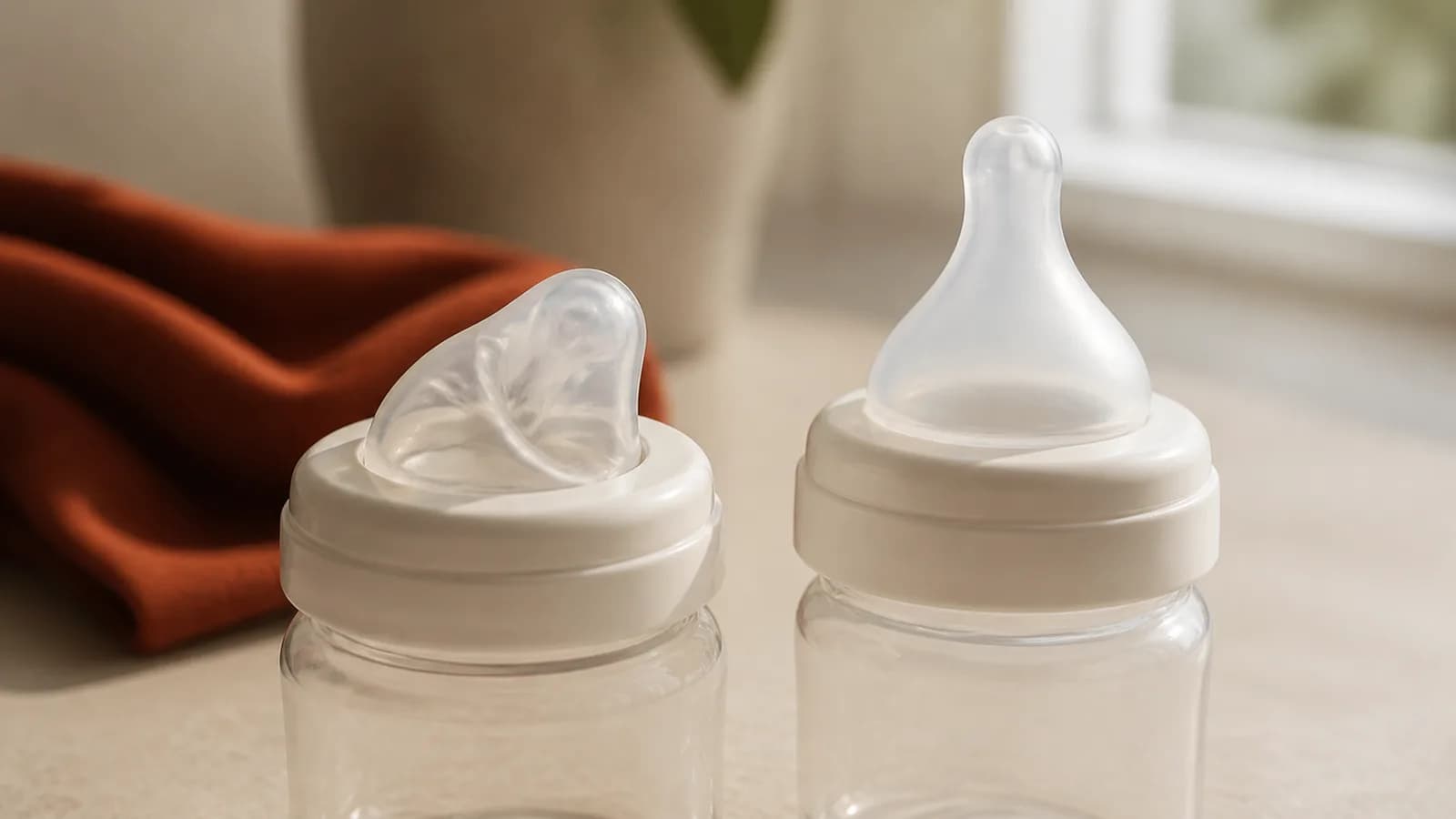 Collapsed silicone baby bottle nipple beside a normal nipple on two empty clear bottles