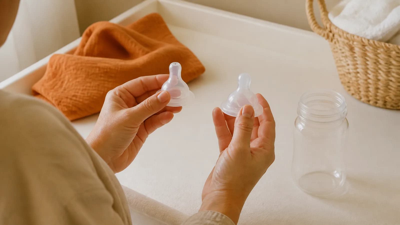 Unbranded baby bottle nipples arranged from slower to faster flow beside a simple cue checklist