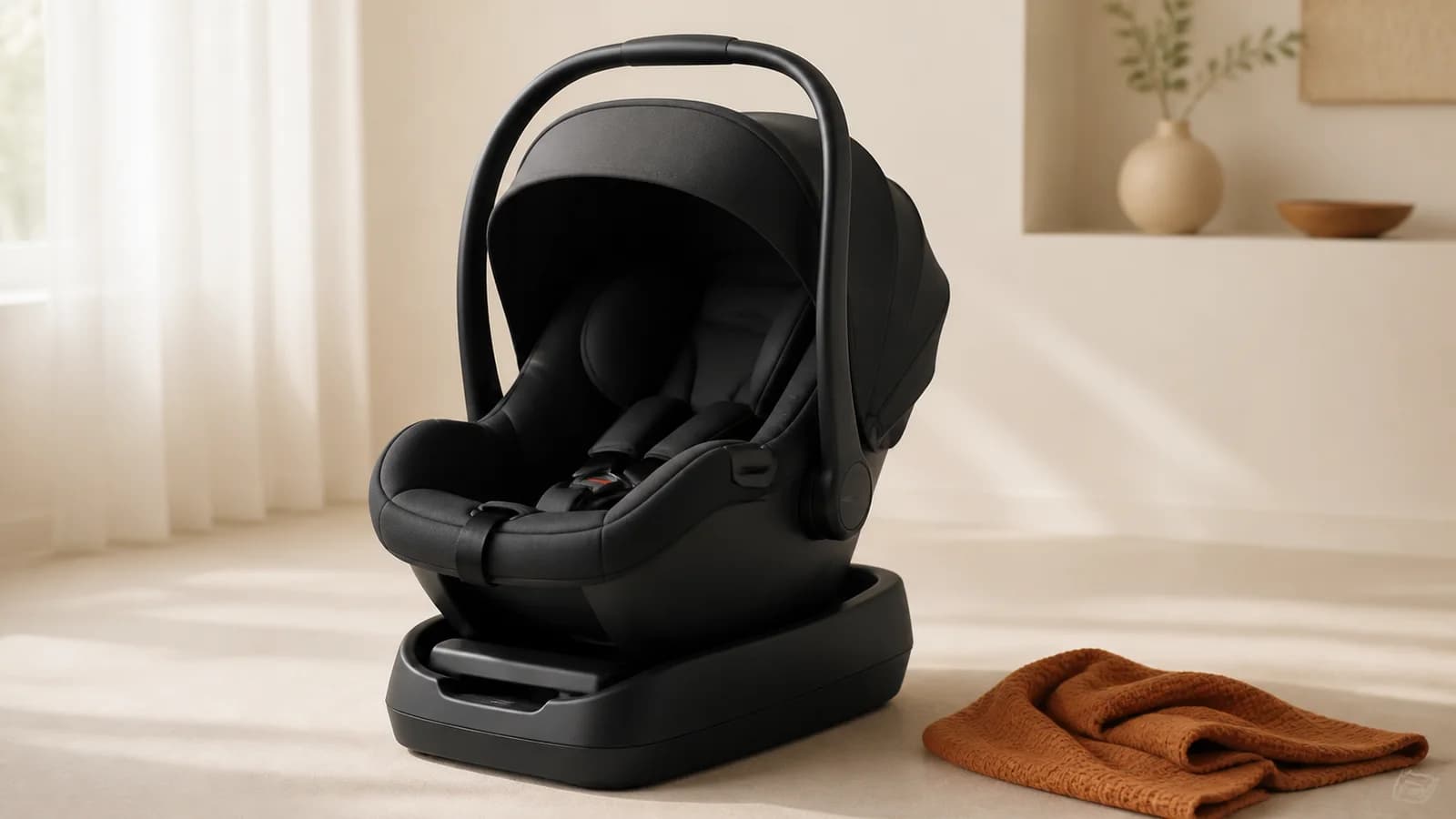 Unbranded narrow infant car seat on a base in a warm cream studio