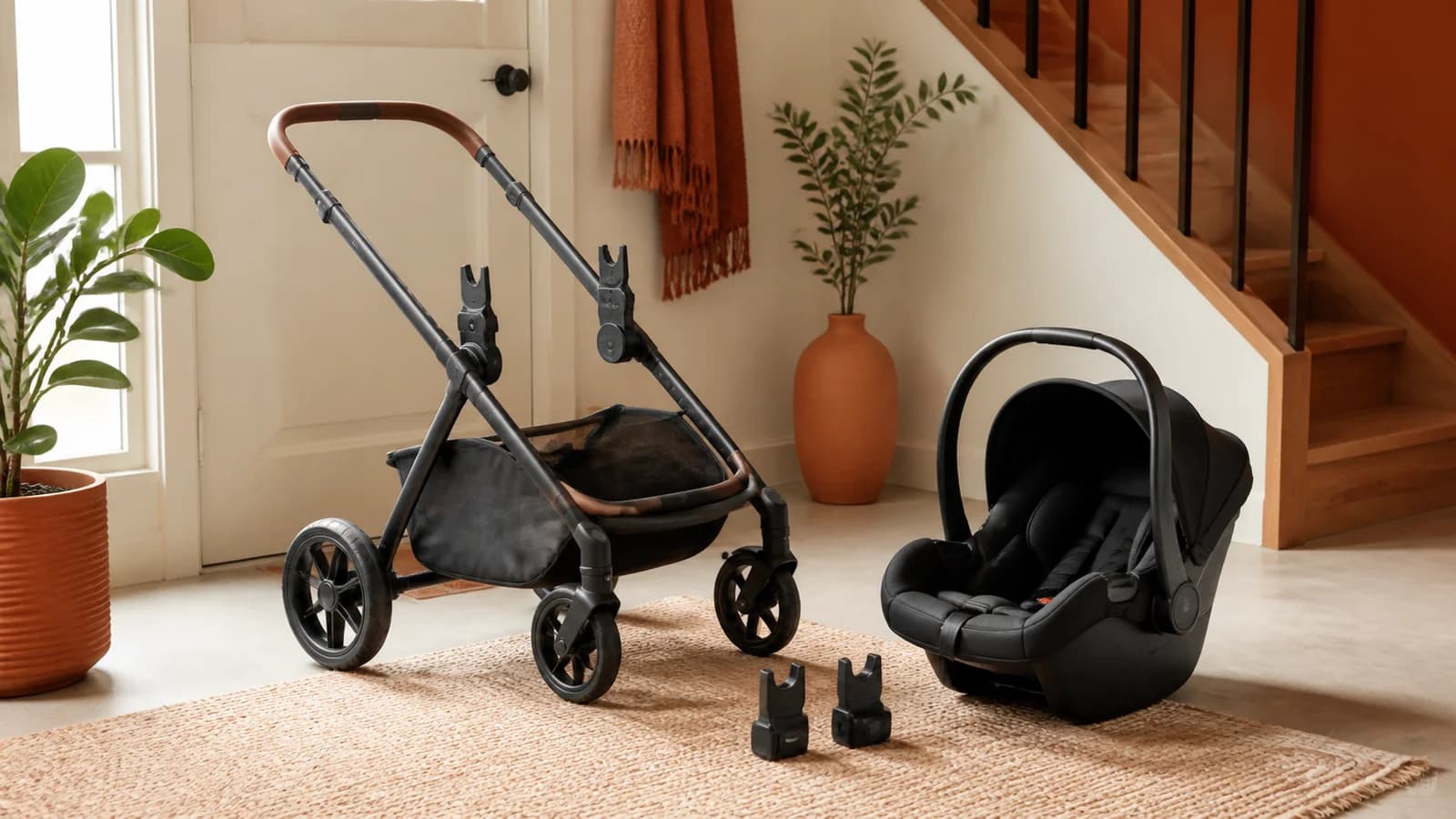 Unbranded stroller frame beside an infant car seat and adapters in a warm entryway