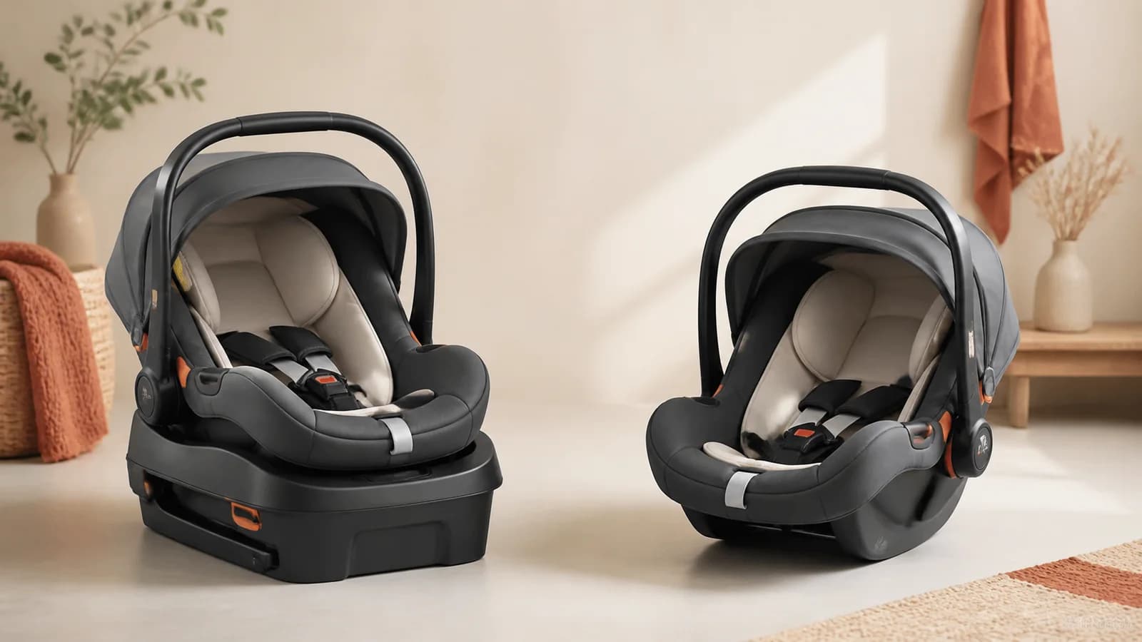 Two unbranded infant car seats side by side, one on a base and one without