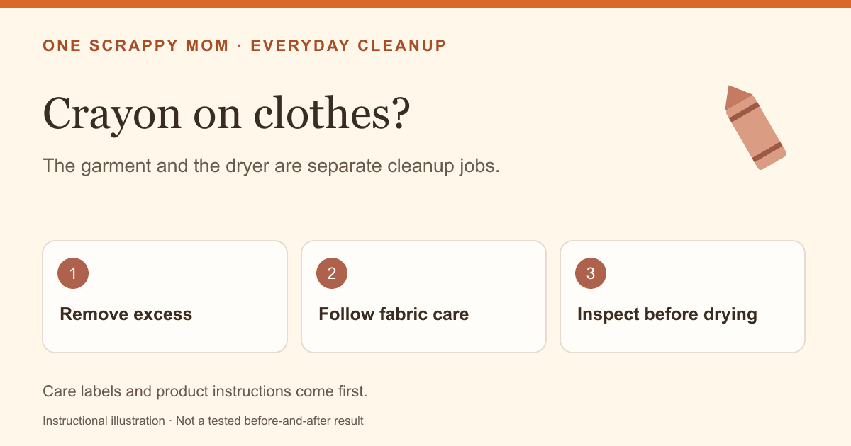 Illustrated crayon cleanup guide: remove excess, follow fabric care, inspect before machine drying